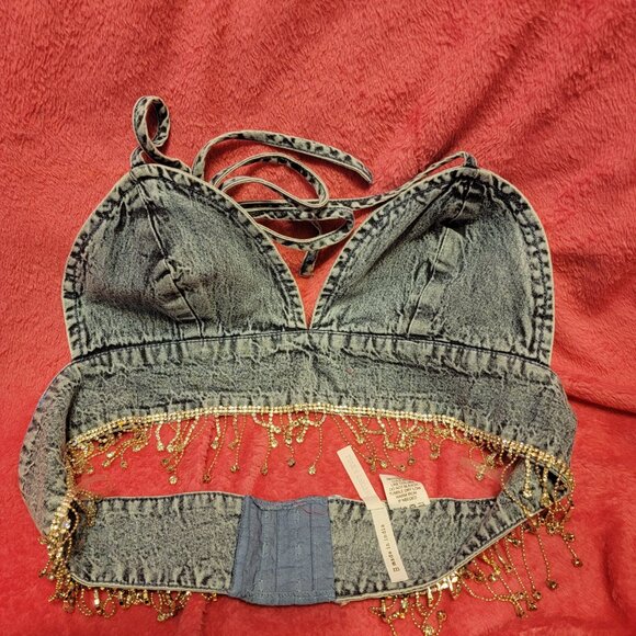 3 pc set - Jean Halter Top - Jean Shorts - White Top - Totally BLINGED OUT!  SM - Picture 7 of 7